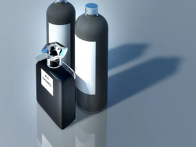 Black Square Perfume Bottle With Gray Cylindrical Containers On Gray Surface 3d model