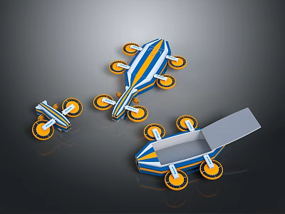 Blue And Yellow Striped Wheeled Models Featuring Different Shapes And Open Design 3d model