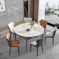 Modern Dining Table Set with Marble Top and Six Leather Chairs with River View Window 3d model