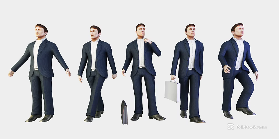 Business Men In Formal Suits Walking Adjusting Tie With Briefcase And Various Poses 3d model 