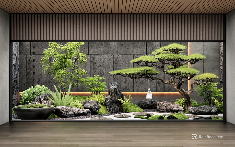 Zen Garden Interior Design With Pine Tree Bamboo Rocks And Small Statue 3d model 