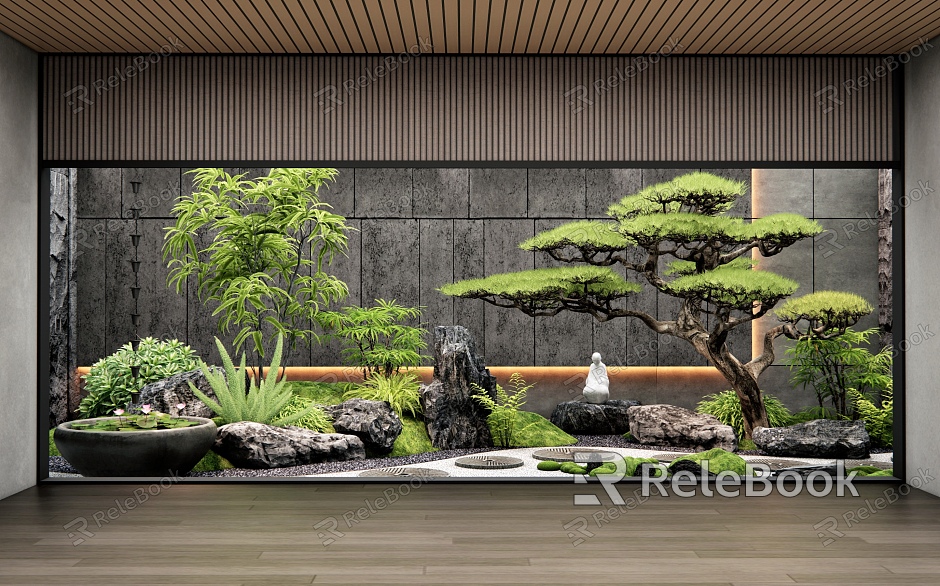 New Chinese Style Patio Courtyard Sketches Interior Landscape Tingbu Stone Head Bryophytes Landscape Plants Combination model