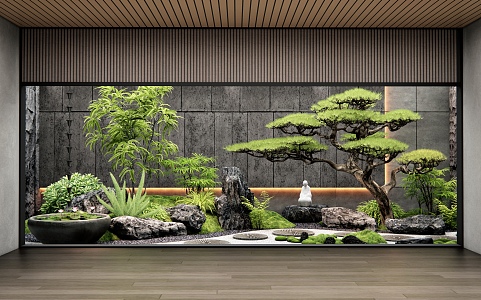 New Chinese Style Patio Courtyard Sketches Interior Landscape Tingbu Stone Head Bryophytes Landscape Plants Combination 3d model