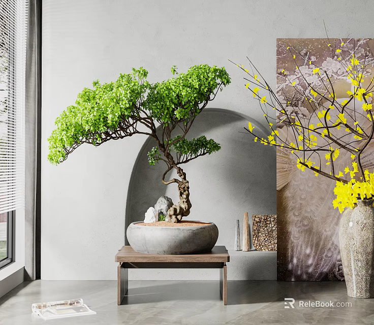 Indoor Green Bonsai Plant With Lush Foliage In Stone Pot On Wooden Stand 3d model 