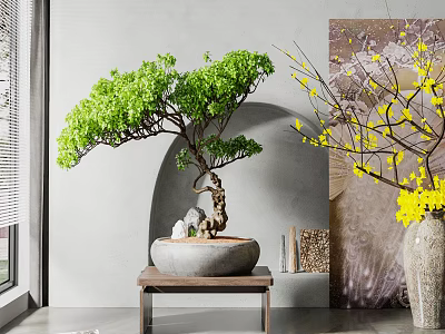 Indoor Green Bonsai Plant With Lush Foliage In Stone Pot On Wooden Stand 3d model