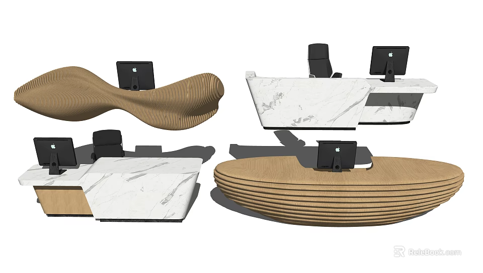 Modern Reception Desk Designs With Wavy Wooden Panels Marble Countertops And Computer Monitors 3d model 