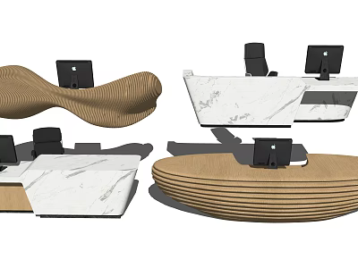 Modern Reception Desk Designs With Wavy Wooden Panels Marble Countertops And Computer Monitors 3d model