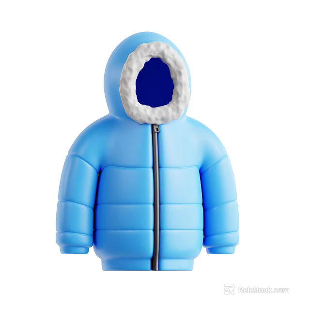Blue Hooded Quilted Down Jacket with Fleece Trimmed Hood and Front Zipper 3d model 