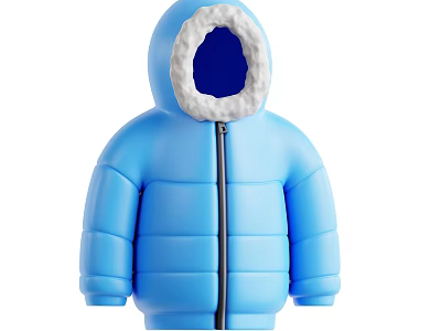 Blue Hooded Quilted Down Jacket with Fleece Trimmed Hood and Front Zipper 3d model
