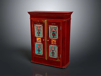 Red Entryway Side Cabinet With Double Doors And Colorful Decorative Patterns 3d model