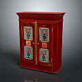 Red Entryway Side Cabinet With Double Doors And Colorful Decorative Patterns 3d model