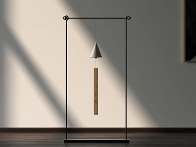 Black Metal Floor Lamp With Silver Cone Lampshade Wooden Strip Decoration Against Light Colored Wall 3d model
