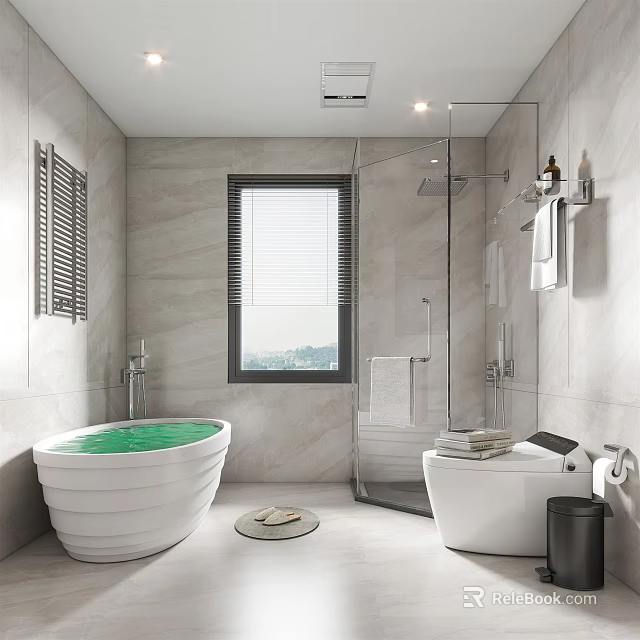 Modern Bathroom Interior With Freestanding Bathtub Glass Shower Enclosure And Window Blinds 3d model 