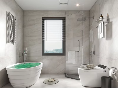 Modern Bathroom Interior With Freestanding Bathtub Glass Shower Enclosure And Window Blinds 3d model