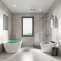 Modern Bathroom Interior With Freestanding Bathtub Glass Shower Enclosure And Window Blinds