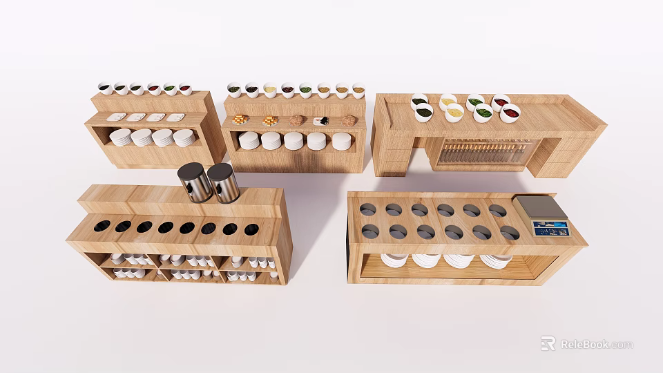 Organized Wooden Spice Racks with Neatly Arranged Various Color Spice Bottles for Kitchen Countertop Storage 3d model 