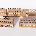 Organized Wooden Spice Racks with Neatly Arranged Various Color Spice Bottles for Kitchen Countertop Storage