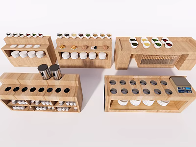 Organized Wooden Spice Racks with Neatly Arranged Various Color Spice Bottles for Kitchen Countertop Storage 3d model