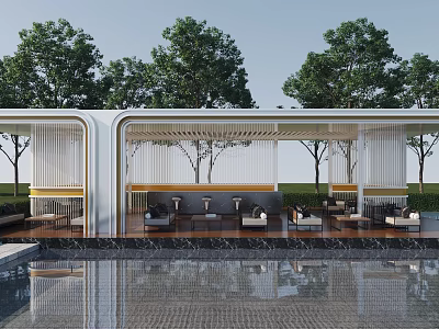 Modern Landscape Pavilion With Open Canopy Surrounded by Trees and Pool Reflection Seating Area 3d model