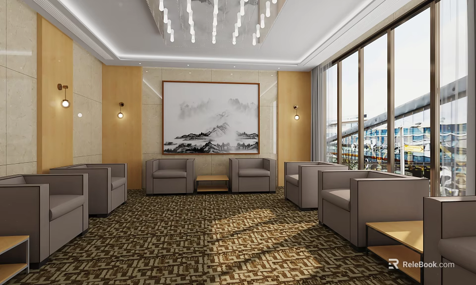 Hotel Public Lounge Featuring Gray Sofas Coffee Tables Landscape Painting And Large Windows 3d model 