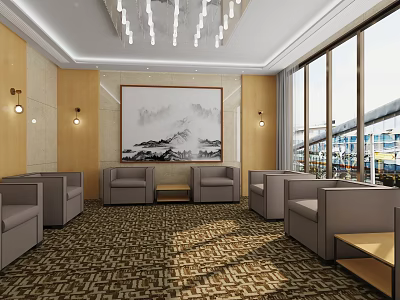 Hotel Public Lounge Featuring Gray Sofas Coffee Tables Landscape Painting And Large Windows 3d model