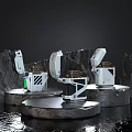Three Modern White Mechanical Household Items With Different Designs On Stone Platforms