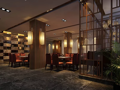 Traditional Chinese Restaurant Interior With Wooden Partitions Red Chairs And Checkerboard Wall Tiles 3d model