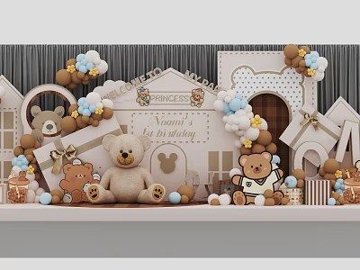 Princess 1st Birthday Photo Check In Spot With Teddy Bears And Balloons Decorations 3d model