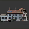 Traditional Style House With Red Roof Solar Panels White Walls And Red Shutters