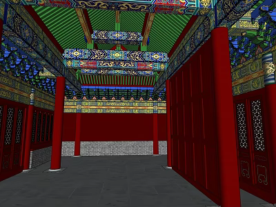 Traditional Religious Temple Interior With Red Pillars And Green Ornate Ceiling 3d model