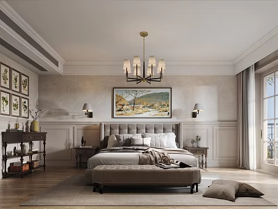 Elegant Bedroom Interior Design With Paneled Walls Chandelier Painting Bedside Tables And Bench 3d model