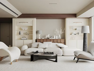 Modern Living Room Interior With White Sofa Armchairs Black Coffee Table And Decorative Shelves 3d model