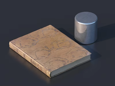 Vintage Leather Cover Book With Decorative Pattern And Metal Container on Dark Background 3d model