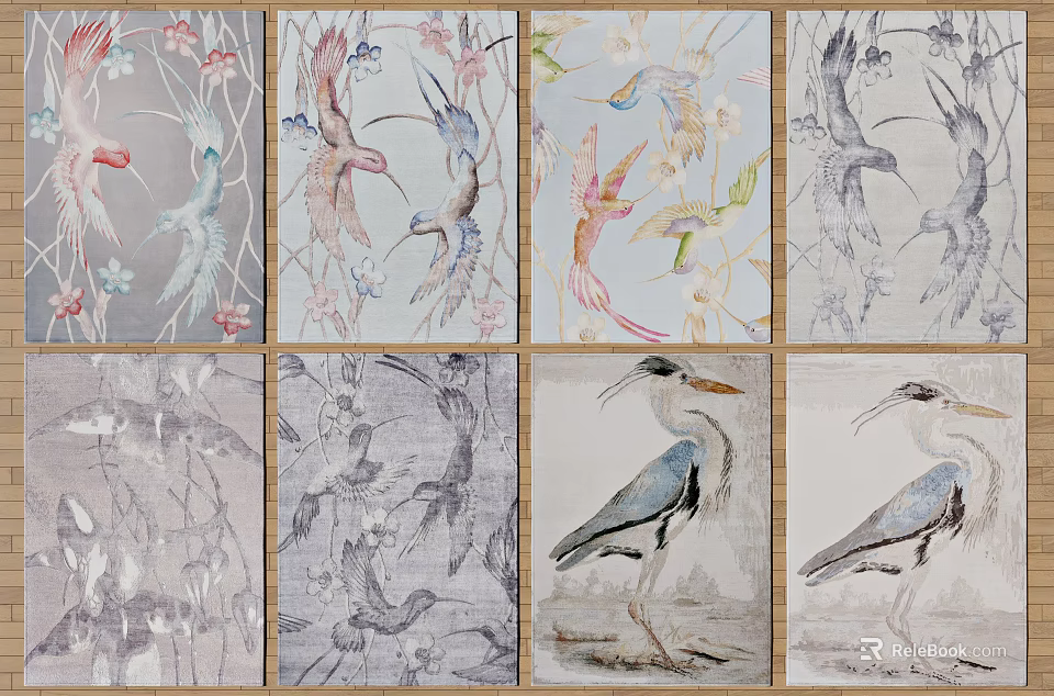 Square Rugs with Hummingbird Heron and Floral Patterns in Diverse Designs 3d model 