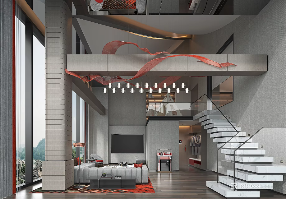 Modern Hotel Room With High Ceiling Open Design Staircase Large Windows And Red Decor Elements 3d model