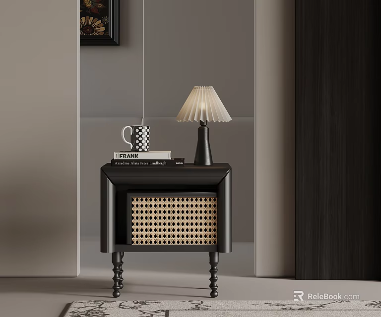 Modern Black Nightstand With Wicker Design Table Lamp Mug And Books 3d model 