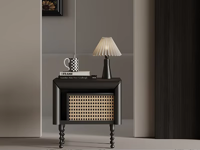 Modern Black Nightstand With Wicker Design Table Lamp Mug And Books 3d model