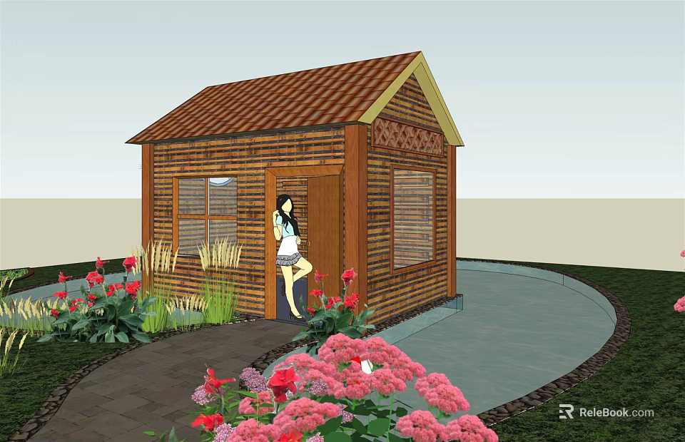 Wooden Cabin With Brown Tiled Roof Surrounded By Colorful Flowers And Garden Path 3d model 