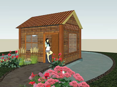 Wooden Cabin With Brown Tiled Roof Surrounded By Colorful Flowers And Garden Path 3d model