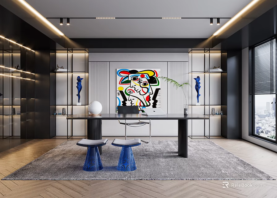 Modern Study Room With Artistic Painting And Blue Stools 3d model