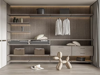 Modern Wardrobe Interior With Hanging White Shirts Folded Clothes Storage Baskets and Decorative Balloon Dog 3d model