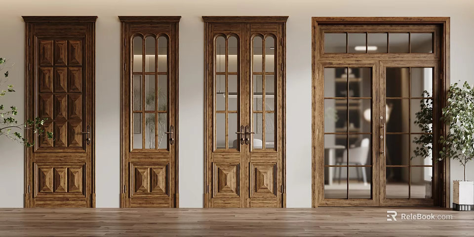 Classic Wooden Hinged Doors With Decorative Glass Panels And Elegant Interior Frames 3d model 