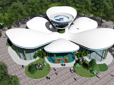 Unique Flower Shaped Building With White Petal Roof And Glass Walls Surrounded By Trees 3d model