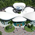 Unique Flower Shaped Building With White Petal Roof And Glass Walls Surrounded By Trees