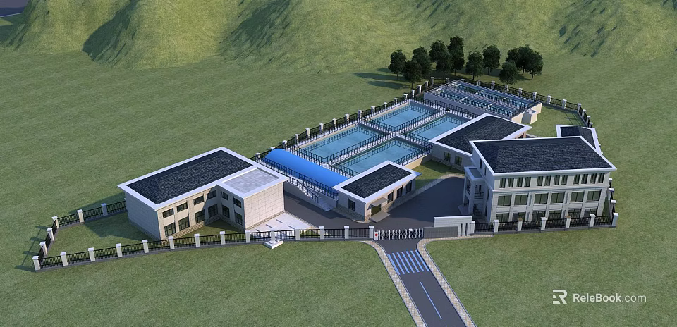 Industrial Plant with Multiple Buildings Flat and Sloped Roofs Green Lawns Trees Entrance and Road 3d model 