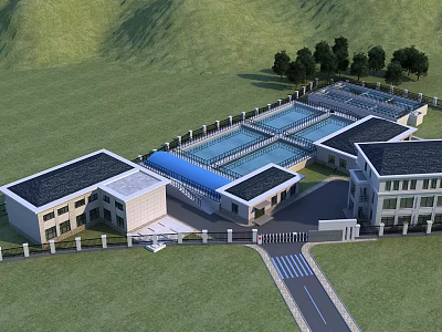 Industrial Plant with Multiple Buildings Flat and Sloped Roofs Green Lawns Trees Entrance and Road 3d model