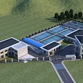 Industrial Plant with Multiple Buildings Flat and Sloped Roofs Green Lawns Trees Entrance and Road