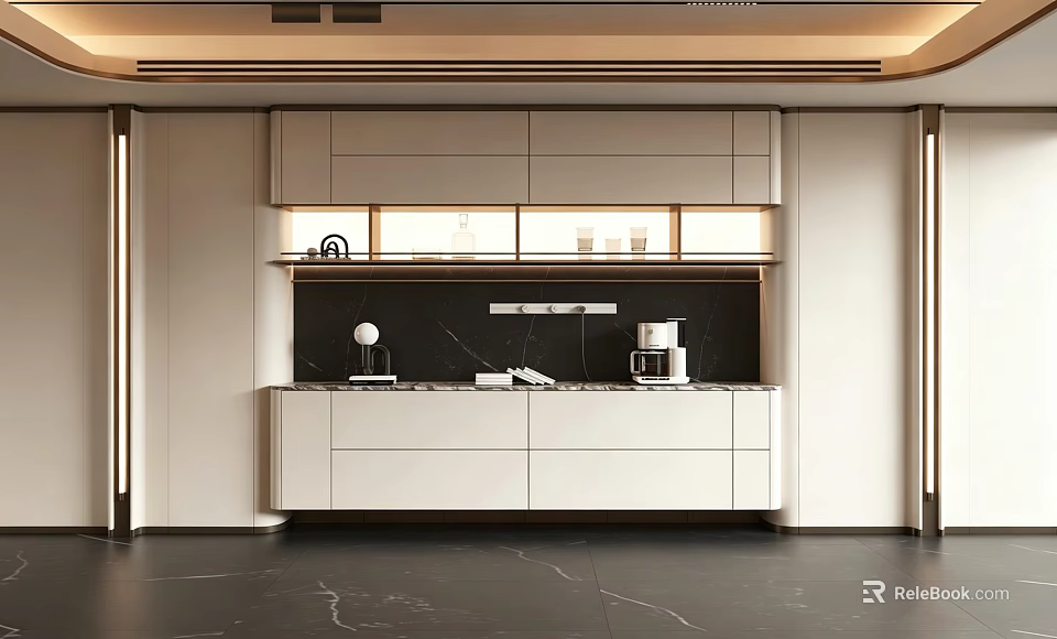 Elegant Modern Sideboard With White Cabinets Marble Countertop LED Lighting Coffee Machine And Decor 3d model 
