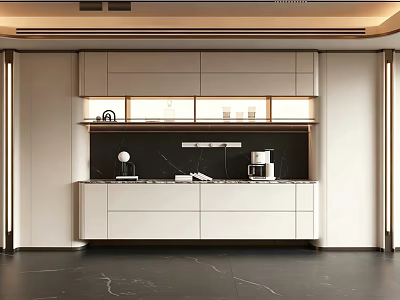 Elegant Modern Sideboard With White Cabinets Marble Countertop LED Lighting Coffee Machine And Decor 3d model