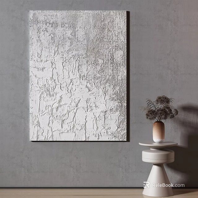 Textured White Painting On Gray Wall With Small Table And Dried Flower Vase 3d model 